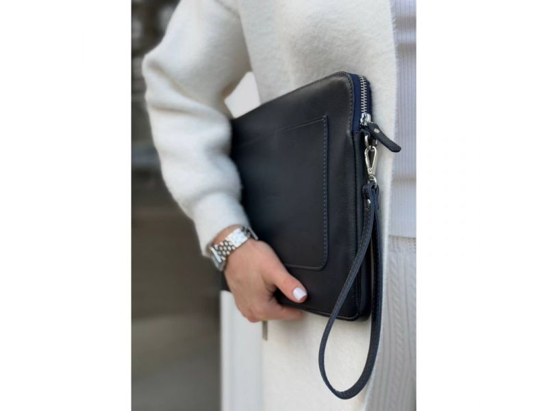 Кожаный чехол для ноутбука на молнии с карманом и петлей на руку Синий, фото 1