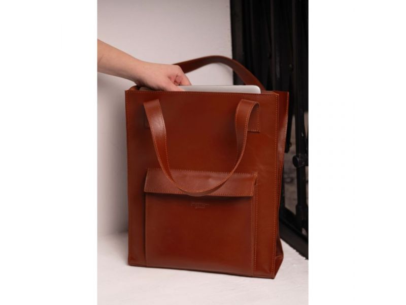 Кожаная женская сумка шоппер Бэтси с карманом светло-коричневая Краст, фото 4