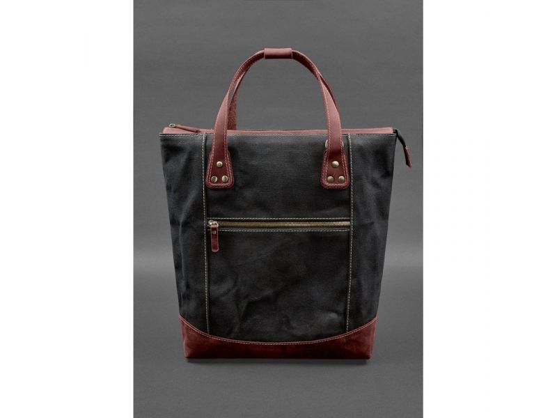 Сумка-рюкзак из канваса и натуральной бордовой кожи, фото 1