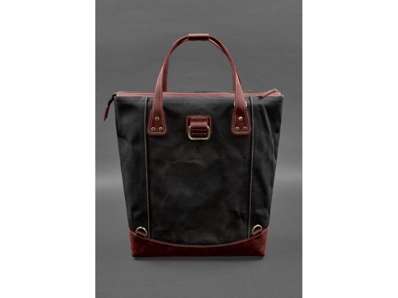 Сумка-рюкзак из канваса и натуральной бордовой кожи, фото 3