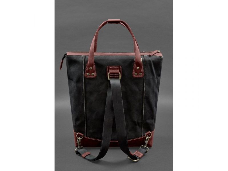Сумка-рюкзак из канваса и натуральной бордовой кожи, фото 4