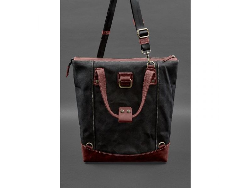 Сумка-рюкзак из канваса и натуральной бордовой кожи, фото 6