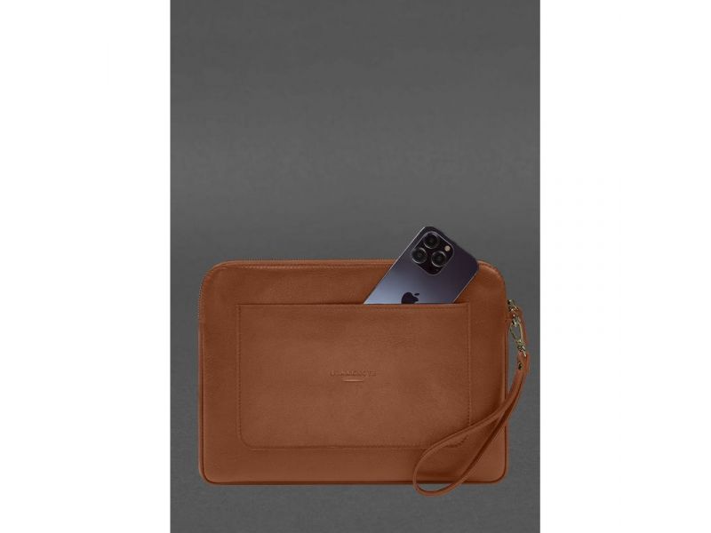 Кожаный чехол для ноутбука на молнии с карманом и петлей на руку Светло-коричневый, фото 1