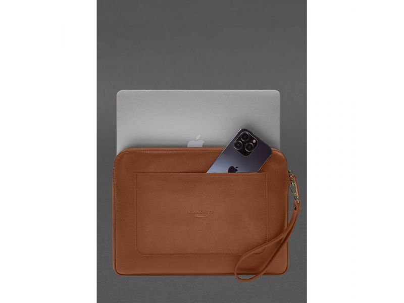 Кожаный чехол для ноутбука на молнии с карманом и петлей на руку Светло-коричневый, фото 2
