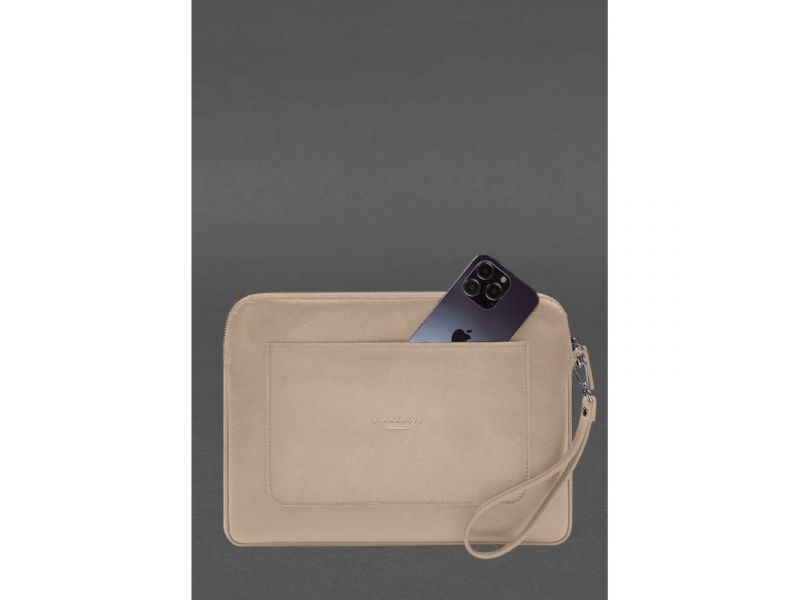 Кожаный чехол для ноутбука на молнии с карманом и петлей на руку Светло-бежевый, фото 1