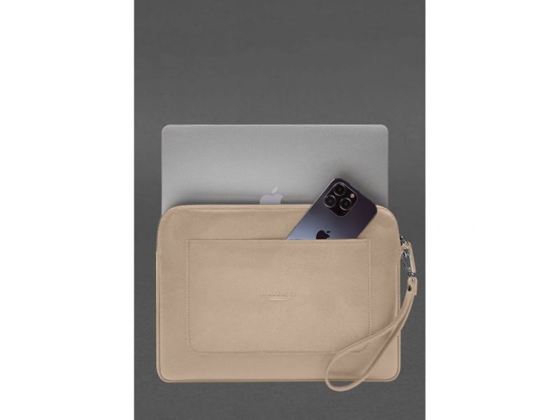 Кожаный чехол для ноутбука на молнии с карманом и петлей на руку Светло-бежевый, фото 2