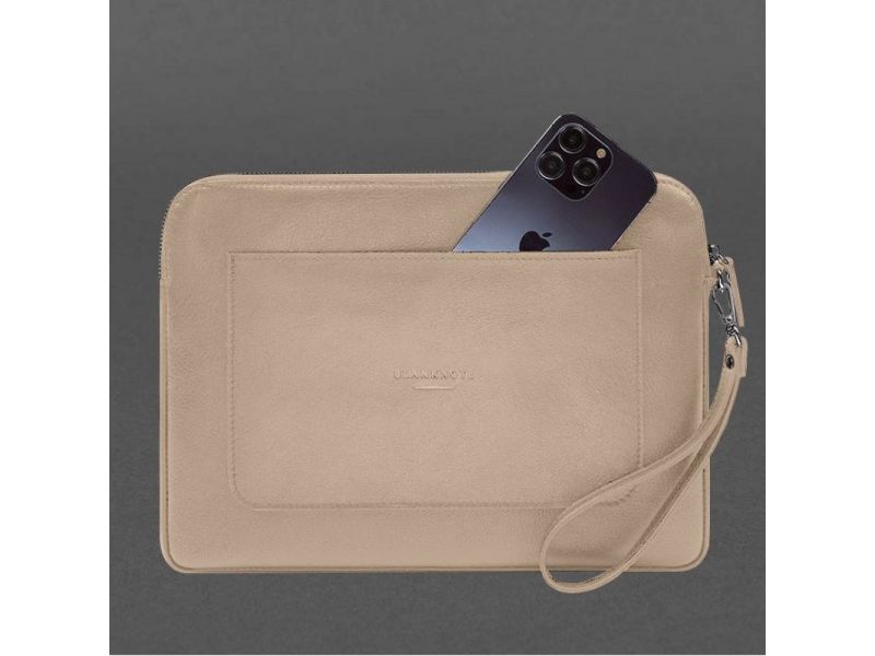 Кожаный чехол для ноутбука на молнии с карманом и петлей на руку Светло-бежевый, фото 5