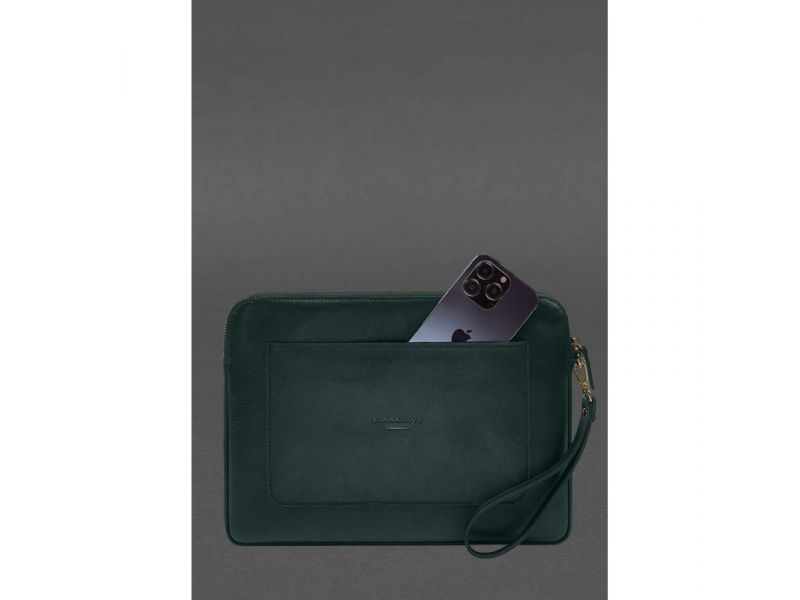 Кожаный чехол для ноутбука на молнии с карманом и петлей на руку Зеленый, фото 1