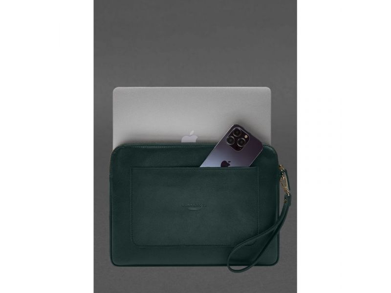 Кожаный чехол для ноутбука на молнии с карманом и петлей на руку Зеленый, фото 2