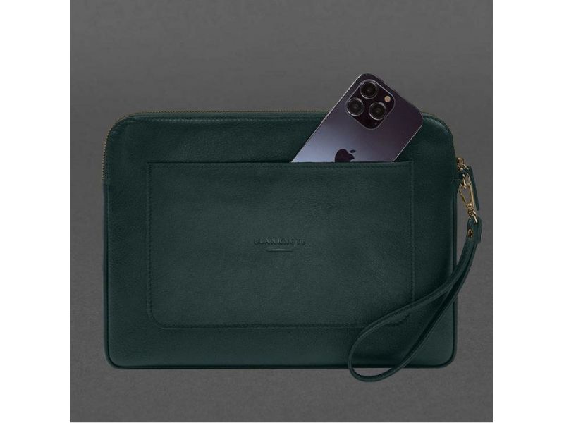 Кожаный чехол для ноутбука на молнии с карманом и петлей на руку Зеленый, фото 5