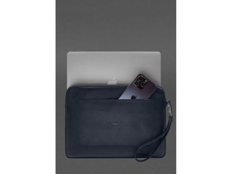 Кожаный чехол для ноутбука на молнии с карманом и петлей на руку Синий, фото 2