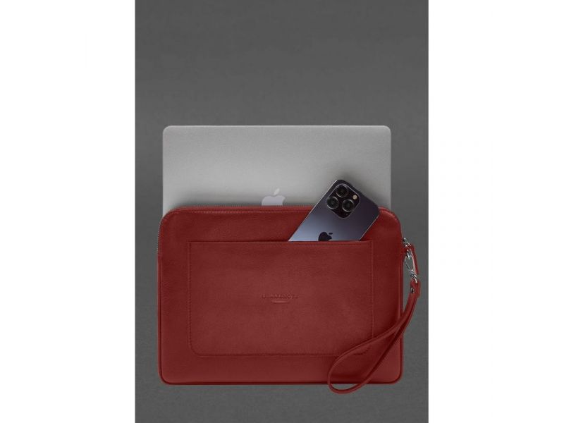 Кожаный чехол для ноутбука на молнии с карманом и петлей на руку Красный, фото 2