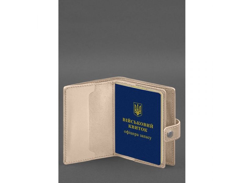 Кожаная обложка-портмоне для военного билета офицера запаса (узкий документ) Светло-бежевый, фото 3