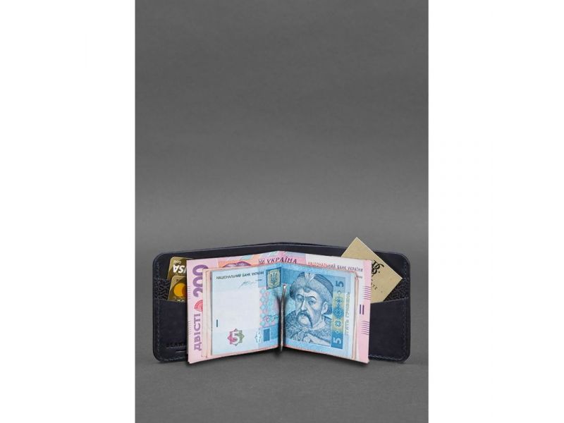 Кожаное портмоне 4.4 (с зажимом) синий Crazy Horse карбон, фото 2