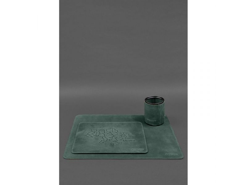 Настольный набор из натуральной кожи  5.0 с картой Украины Зеленый Crazy Horse, фото 1