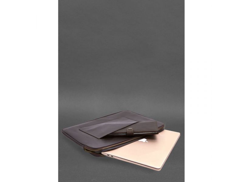 Кожаный чехол для ноутбука на молнии с хлястиком и карманом Темно-коричневый, фото 5