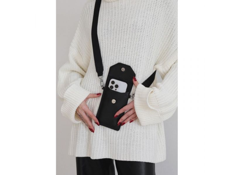 Кожаная сумка-чехол для телефона черная, фото 8