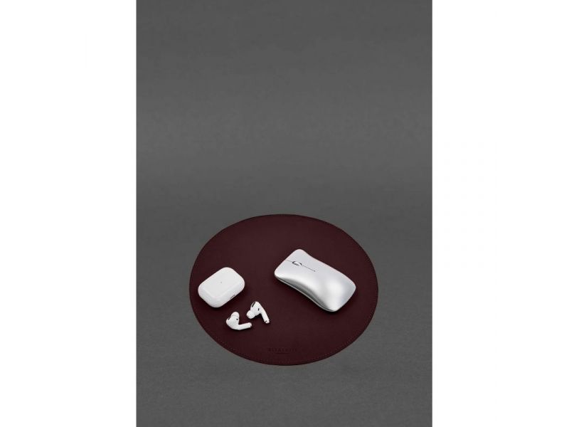 Круглый коврик для мышки из натуральной кожи бордовый краст, фото 1