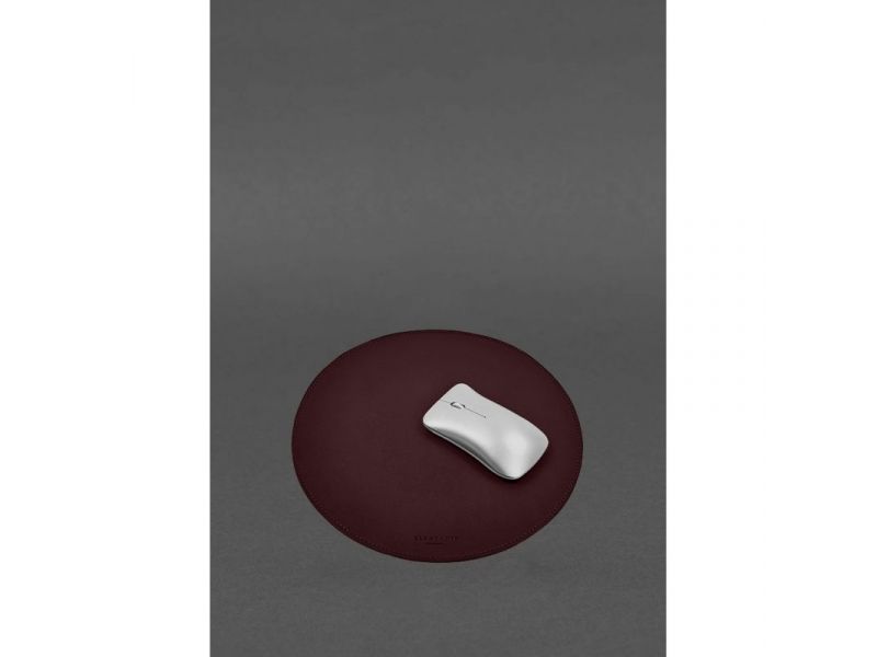 Круглый коврик для мышки из натуральной кожи бордовый краст, фото 3