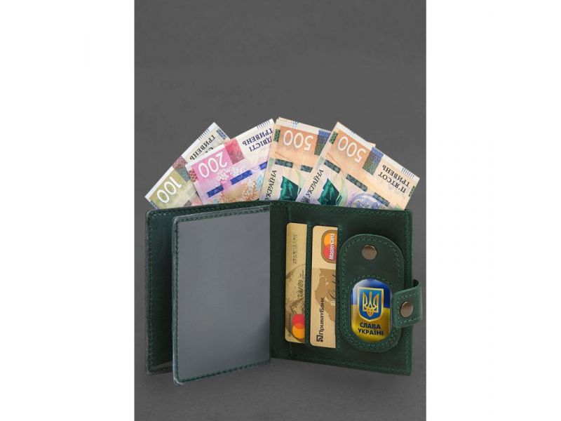 Кожаная обложка-портмоне для удостоверения офицера с карманом для жетона 11.1 зеленая Crazy Horse, фото 4