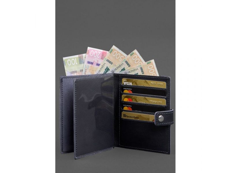 Кожаная обложка-портмоне на паспорт с гербом Украины 25.1 темно-синяя, фото 5