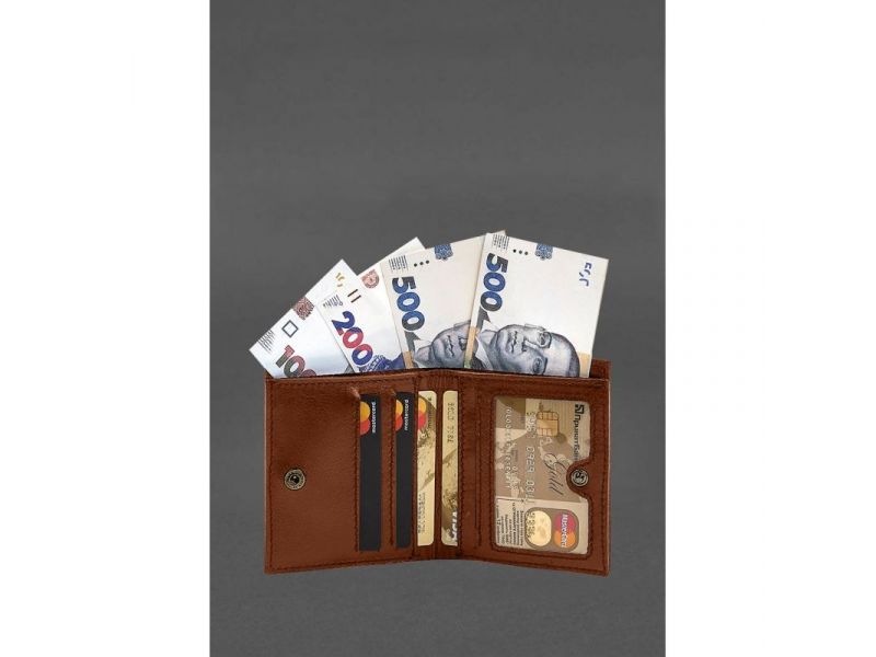 Кожаное портмоне на кнопке Brut светло-коричневый краст, фото 4