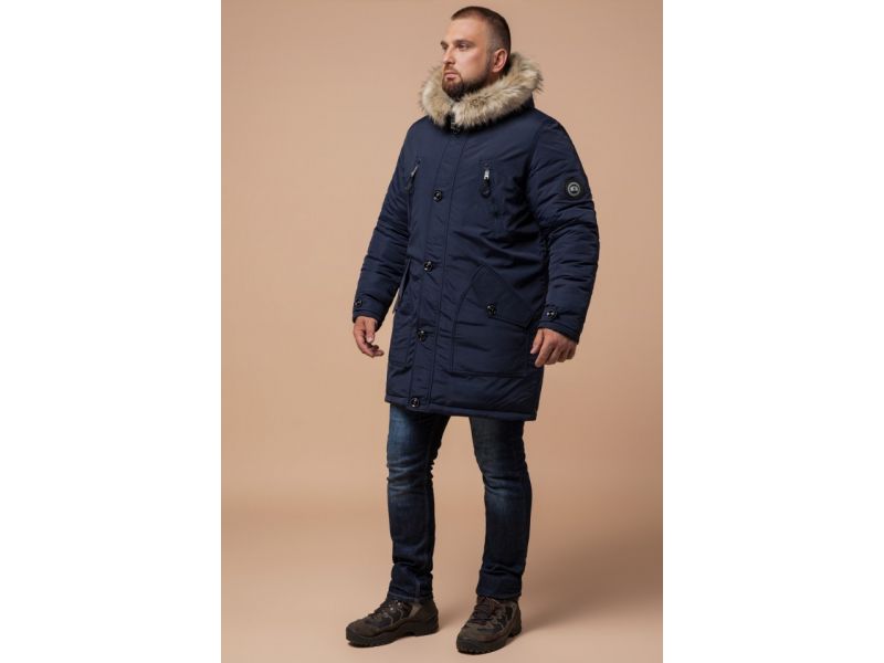 Синяя мужская парка зимняя с трикотажными манжетами модель 91660, фото 1