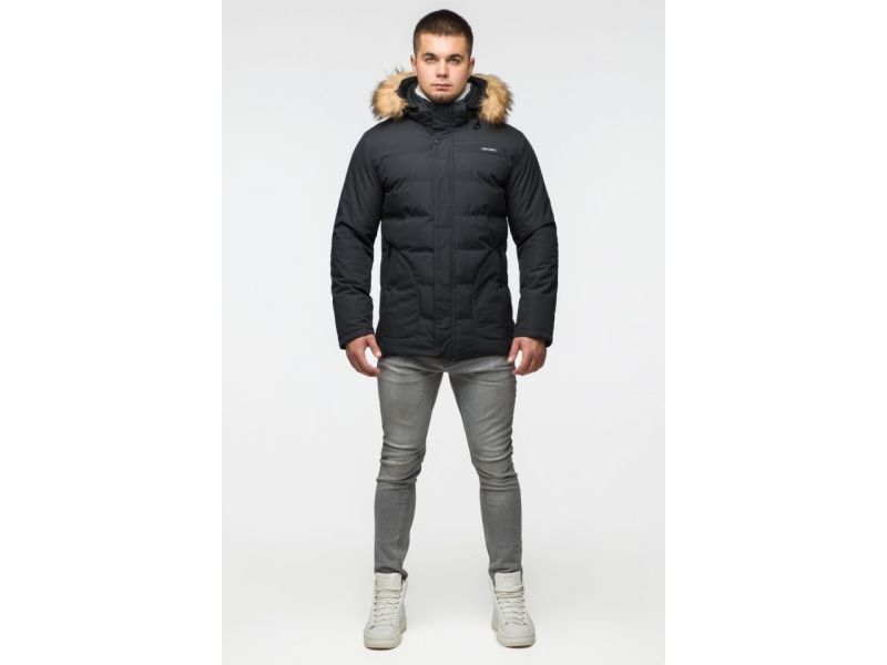 Черная куртка мужская молодежная зимняя с воротником модель 25780, фото 1