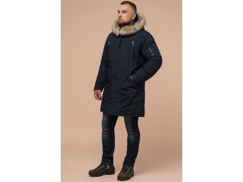 Темно-синяя зимняя мужская парка с карманами модель 13475, фото 1