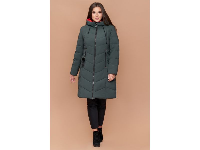 Пуховик женский большого размера зимний серо-зеленый модель 25695, фото 1