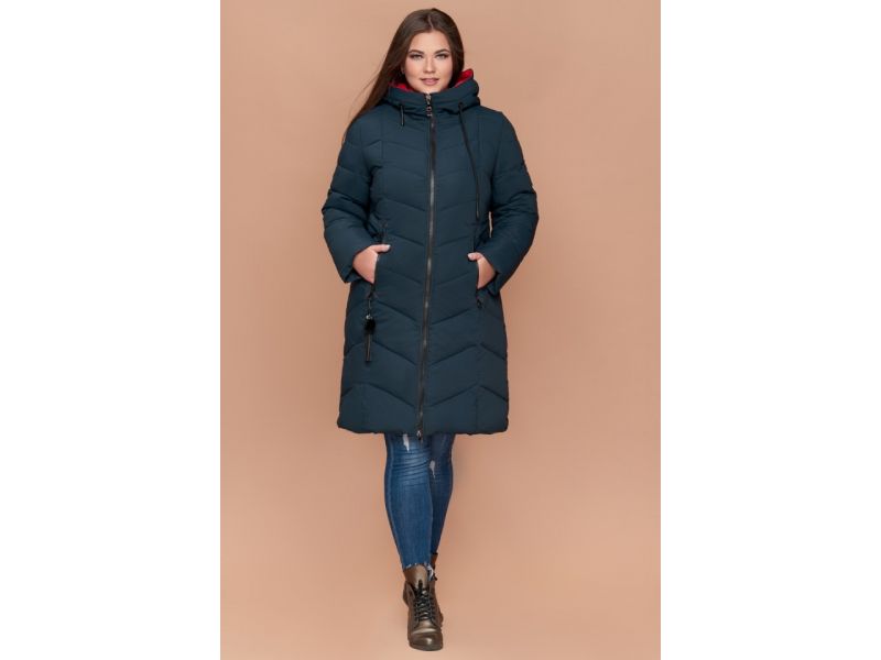 Пуховик темно-зеленый большого размера на зиму женский модель 25695, фото 1