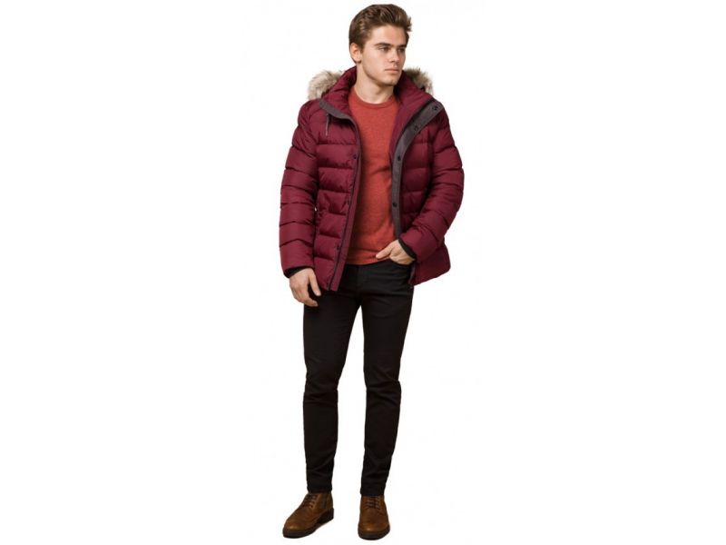 Бордовая зимняя куртка с меховой опушкой мужская модель 16115, фото 1