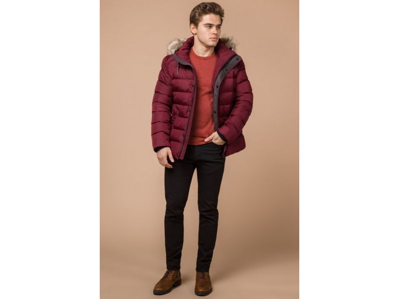 Бордовая зимняя куртка с меховой опушкой мужская модель 16115, фото 2