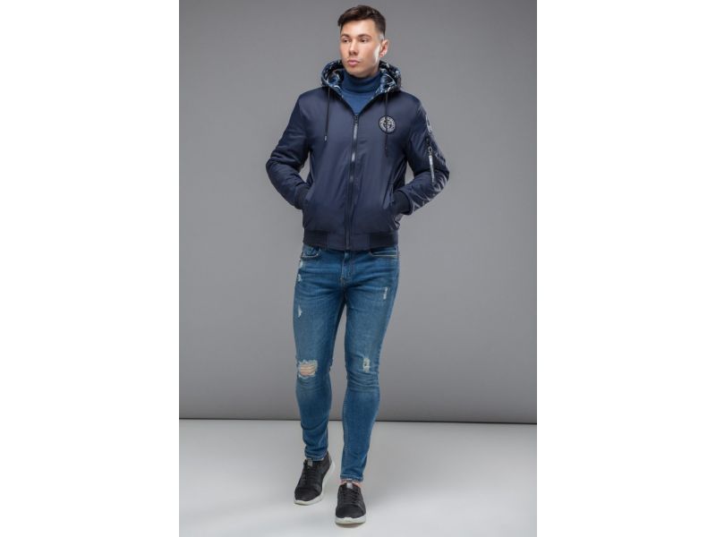 Темно-синий двусторонний бомбер осенне-весенний мужской молодежный модель 32898, фото 2