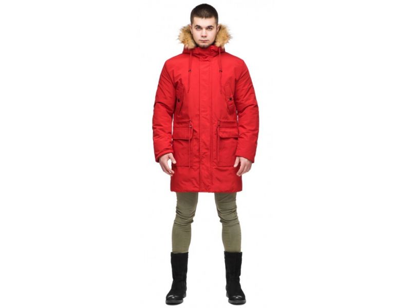 Молодежная мужская красная зимняя парка с карманами модель 25690, фото 1