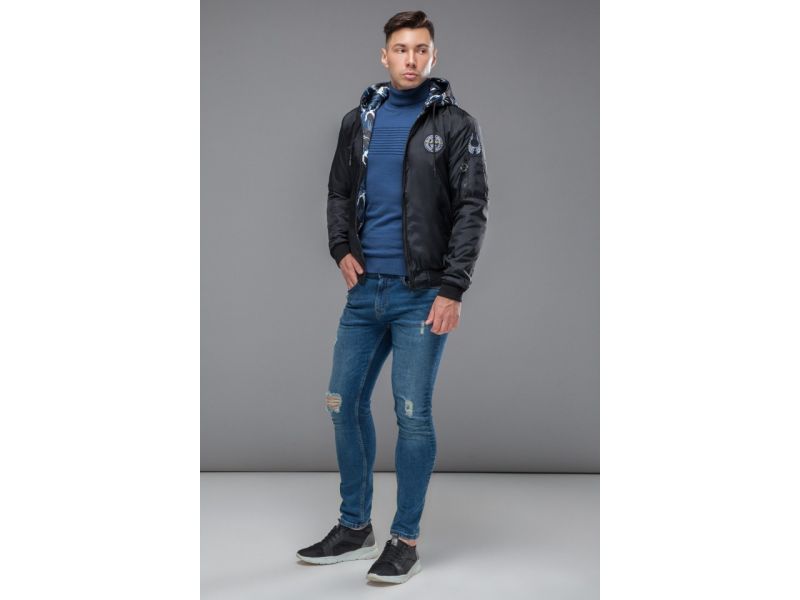 Черный мужской осенне-весенний двусторонний бомбер молодежный модель 32898, фото 2