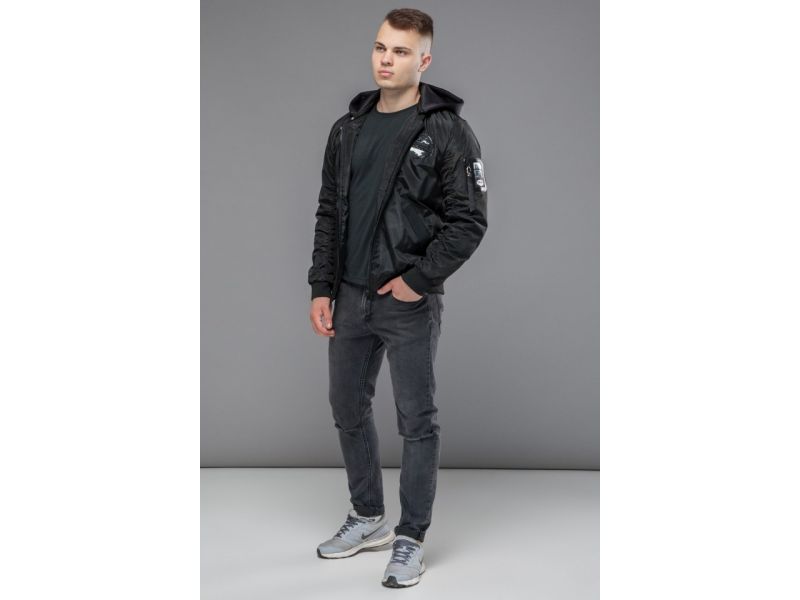 Бомбер молодежный осенне-весенний мужской цвет черный модель 30155, фото 2