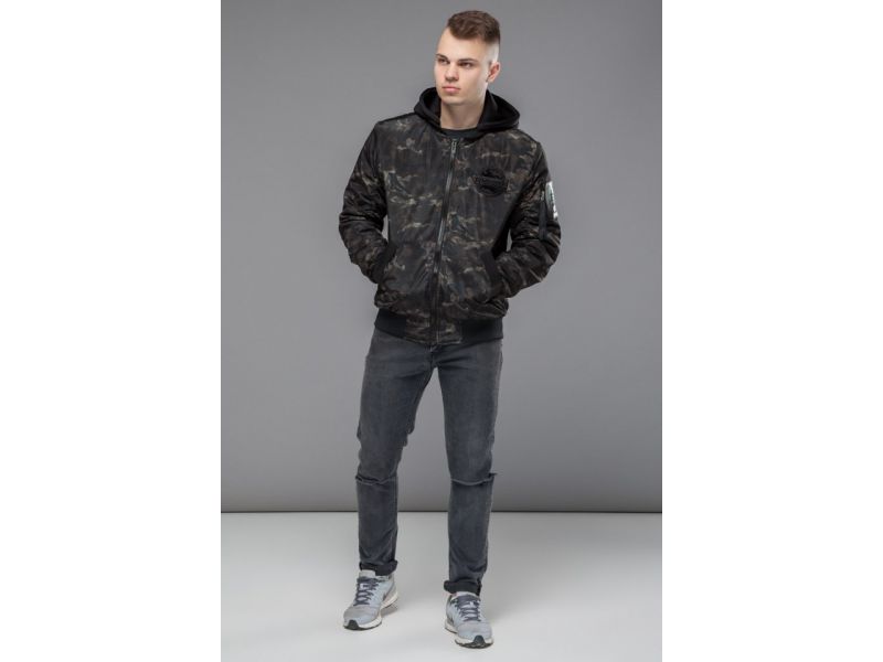 Осенне-весенний молодежный мужской бомбер цвет черный-хаки модель 30155, фото 1