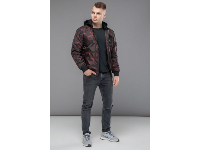 Черно-красный короткий бомбер осенне-весенний мужской молодежный модель 14262, фото 1