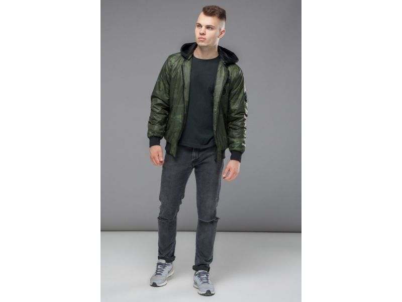 Зеленый осенне-весенний молодежный бомбер для мужчин модель 14262, фото 2