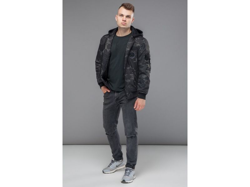 Легкий мужской осенне-весенний бомбер молодежный цвет черный-хаки модель 14262, фото 1