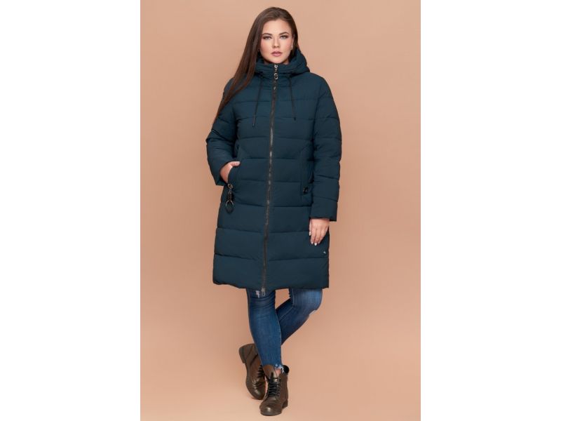 Темно-зеленый женский пуховик большого размера на зиму модель 25095, фото 1