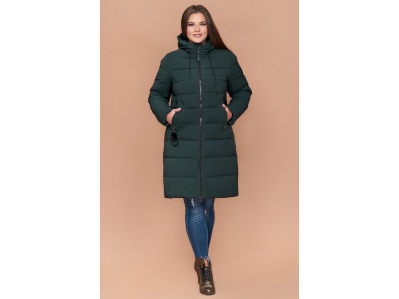 Темно-зеленый зимний пуховик большого размера женский модель 25095, фото 1