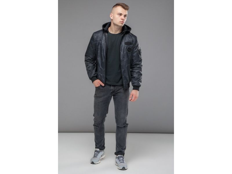 Молодежный черно-серый осенне-весенний бомбер мужской модель 14262, фото 1