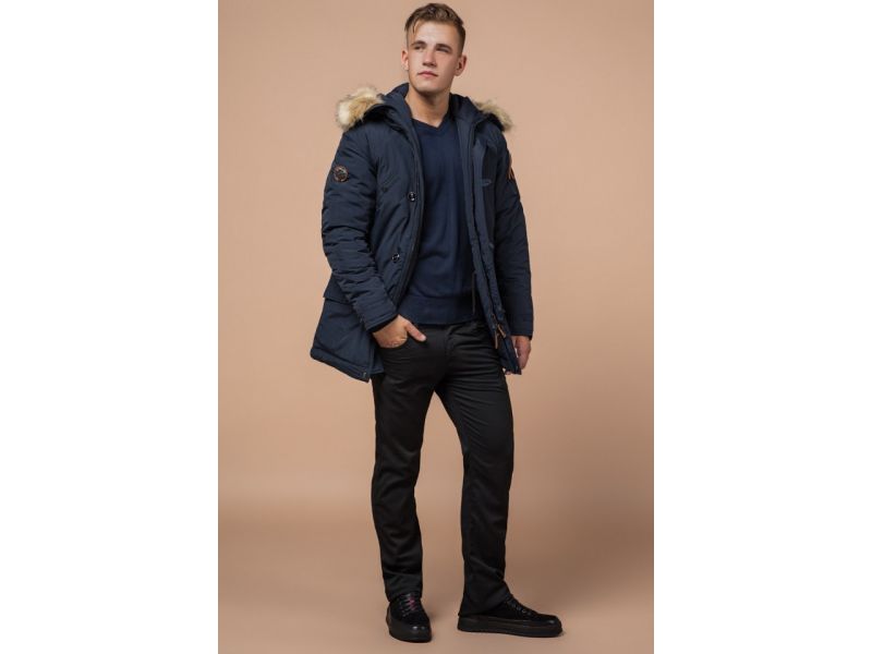 Темно-синяя мужская зимняя парка с меховой опушкой модель 3986, фото 1