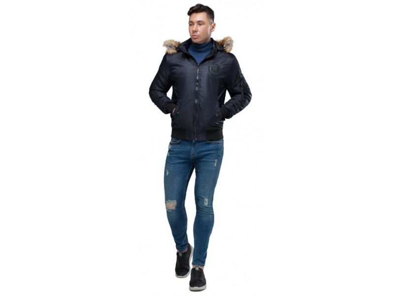 Темно-синий мужской молодежный бомбер осенне-весенний с опушкой модель 46575, фото 1