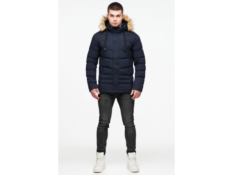 Темно-синяя молодежная мужская куртка зимняя с опушкой модель 25370, фото 1