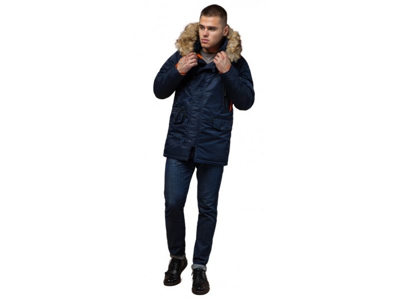 Зимняя темно-синяя парка мужская с яркой подкладкой модель 4137, фото 1