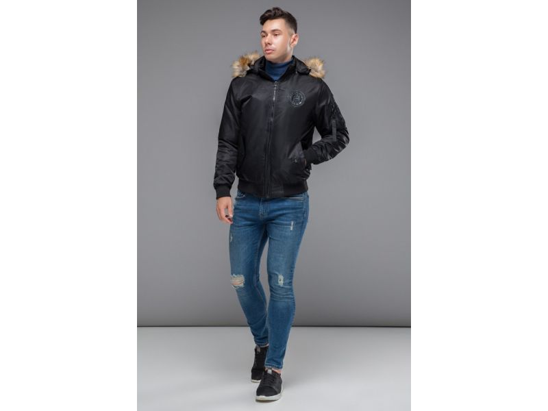 Черный бомбер осенне-весенний молодежный для мужчин модель 46575, фото 1