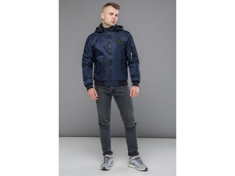 Темно-синий бомбер осенне-весенний молодежный мужской с нашивкой модель 30525, фото 2
